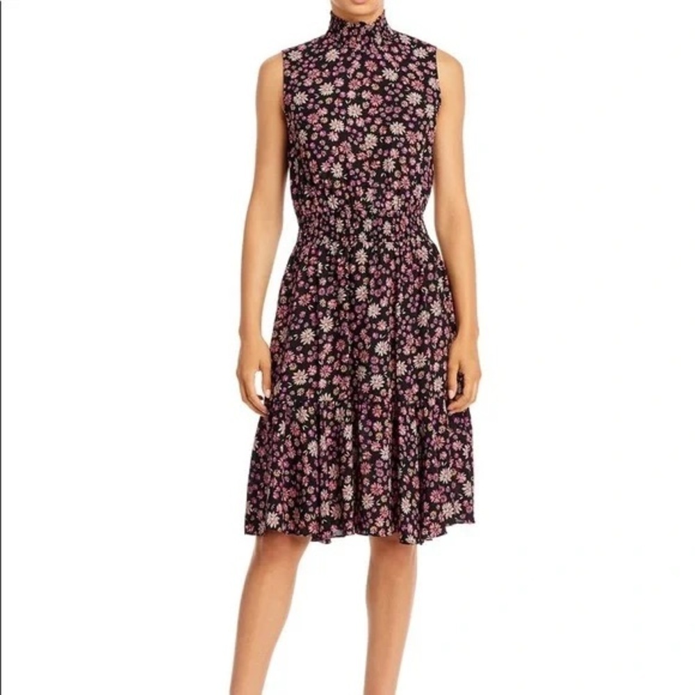 Nanette Lepore Black Floral Mock-Neck Midi Dress with Pink Blossoms